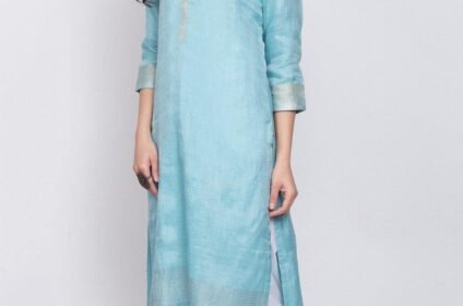 3/4 Sleeve Linen Women Kurta (Blue)