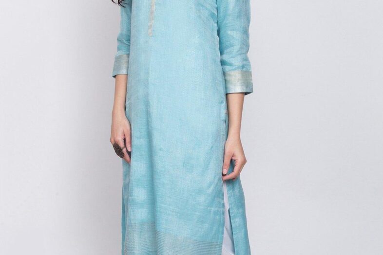 3/4 Sleeve Linen Women Kurta (Blue)